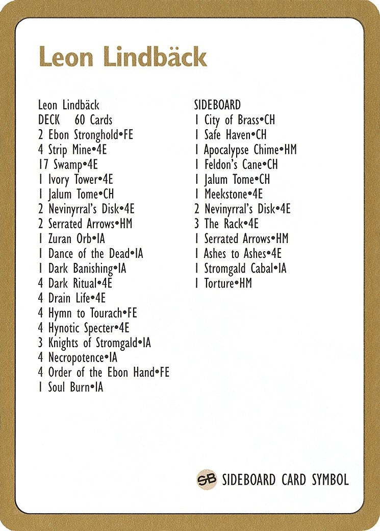 1996 Leon Lindback Decklist Card (World Championship Decks)