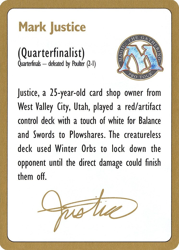 1996 Mark Justice Biography Card (World Championship Decks)