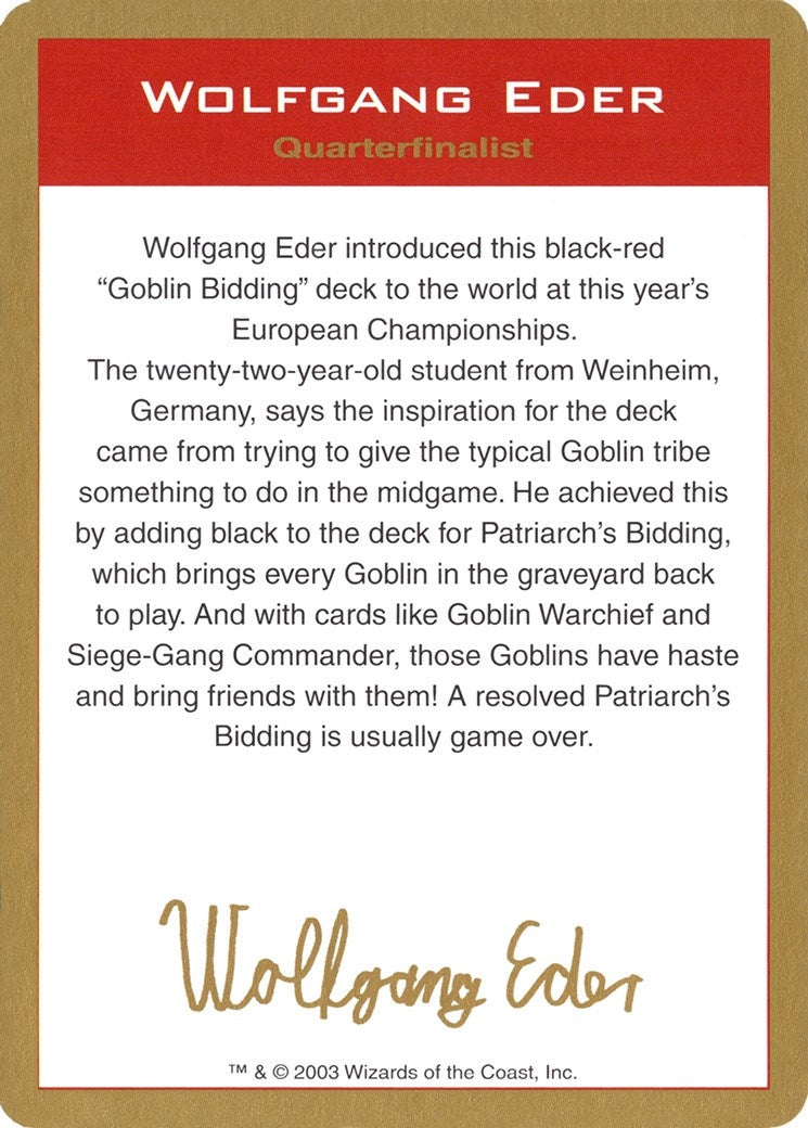 2003 Wolfgang Eder Biography Card (World Championship Decks)