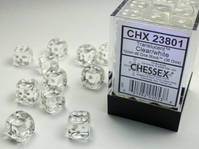 Translucent Clear/white 12mm d6 (36 dice)