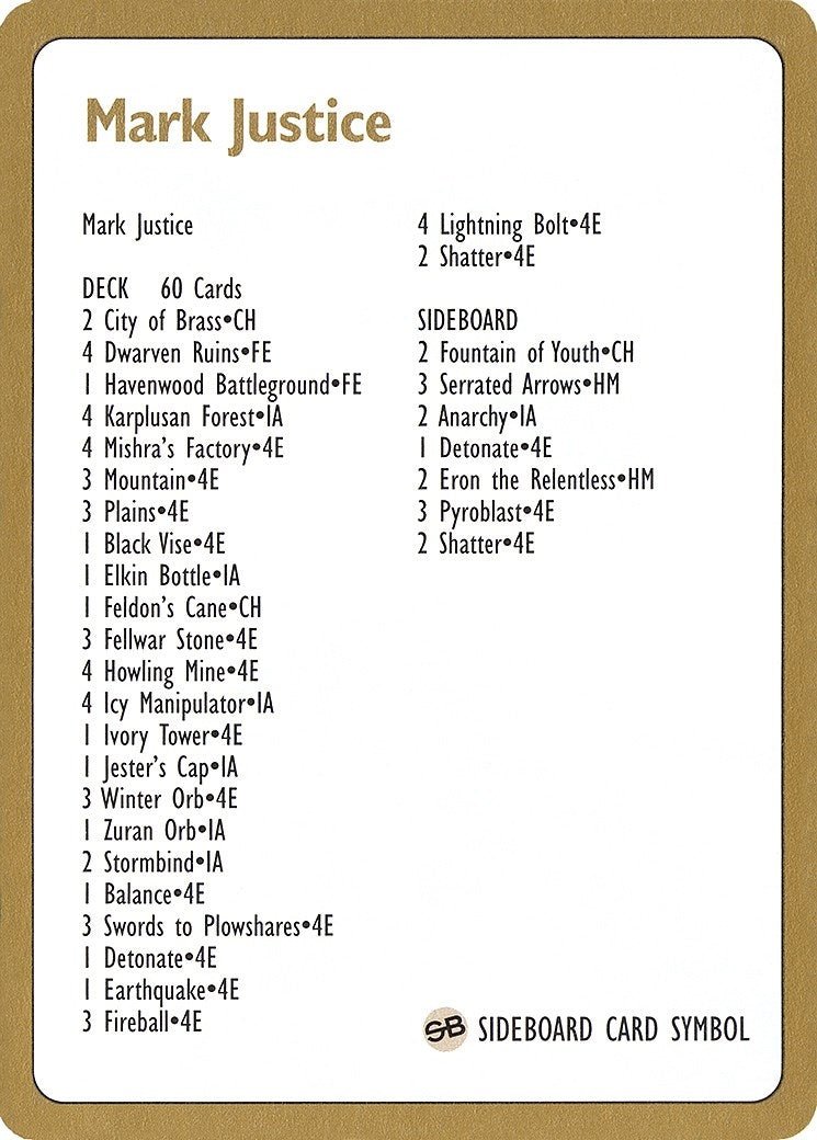 1996 Mark Justice Decklist Card (World Championship Decks)