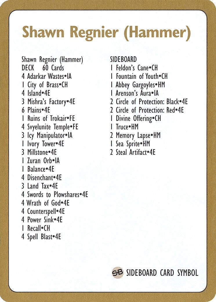 1996 Shawn "Hammer" Regnier Decklist Card (World Championship Decks)