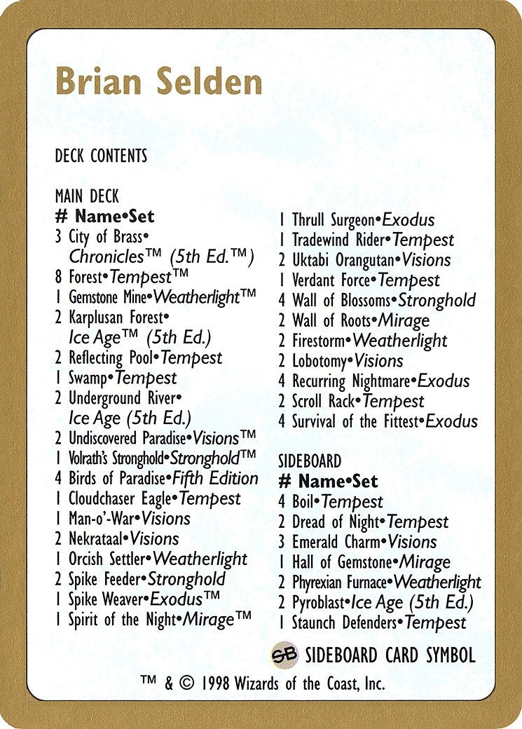 1998 Brian Selden Decklist Card (World Championship Decks)
