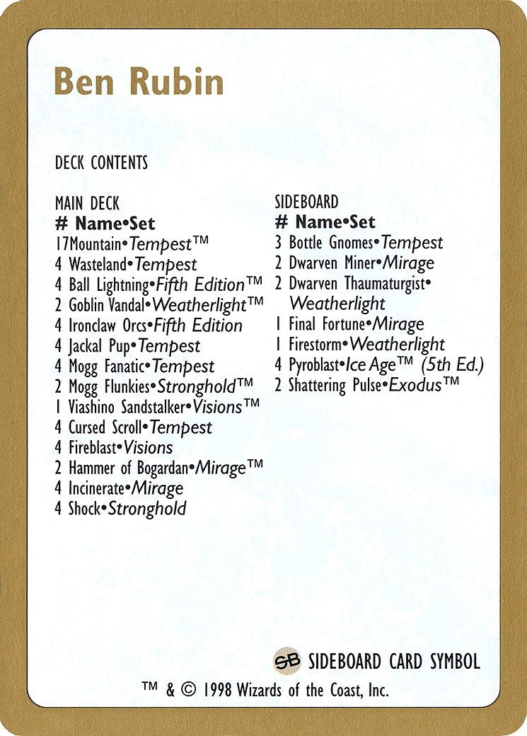 1998 Ben Rubin Decklist Card (World Championship Decks)