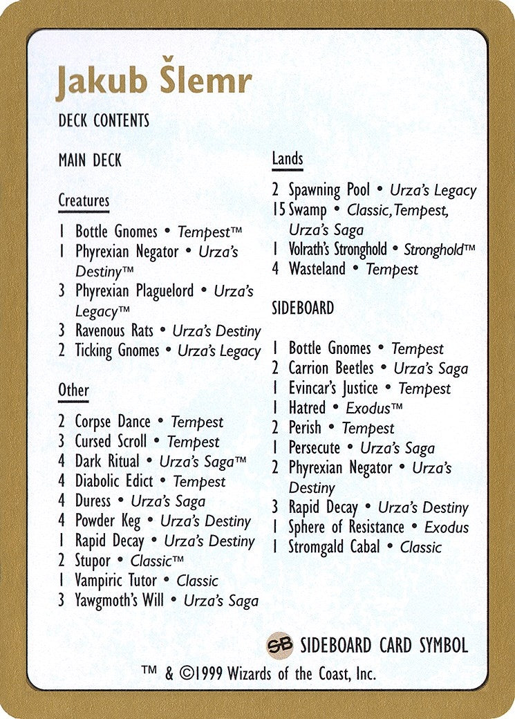 1999 Jakub Slemr Decklist Card (World Championship Decks)