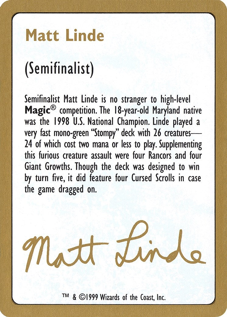 1999 Matt Linde Biography Card (World Championship Decks)