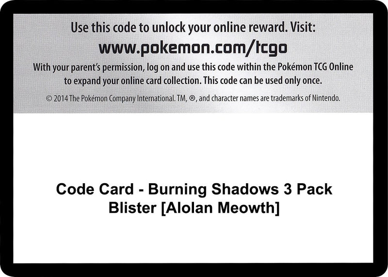 Image for Code Card - Burning Shadows 3 Pack Blister [Alolan Meowth] (SM - Burning Shadows) - Pokemon