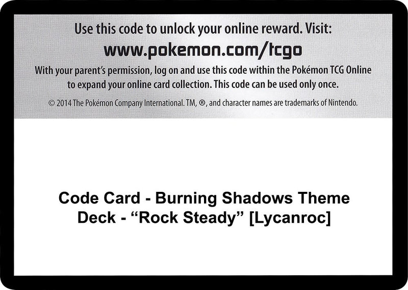 Image for Code Card - Burning Shadows Theme Deck - "Rock Steady" [Lycanroc] (SM - Burning Shadows) - Pokemon