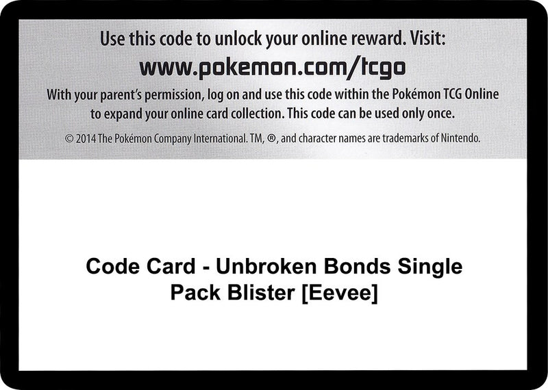 Image for Code Card - Unbroken Bonds Single Pack Blister [Eevee] (SM - Unbroken Bonds) - Pokemon