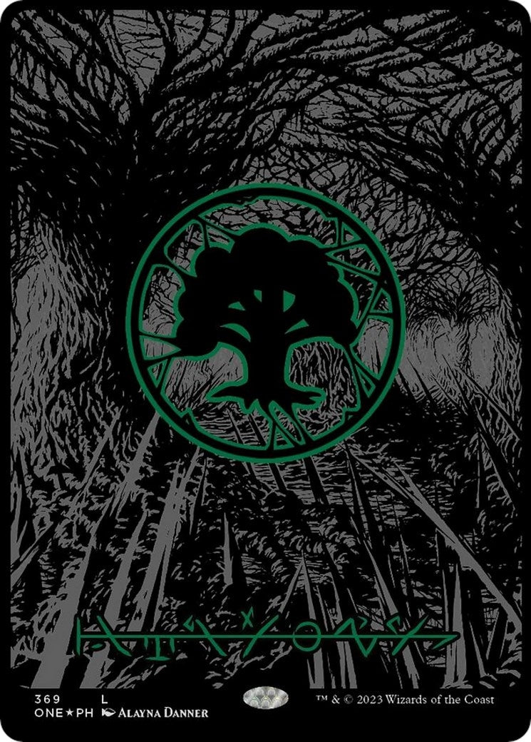 Forest (Phyrexian) - Full Art (Oil Slick Raised Foil) (369) (Phyrexia: All Will Be One)