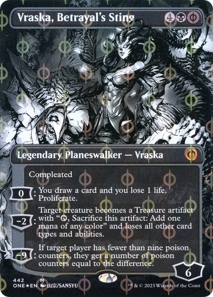 Vraska, Betrayal's Sting (Borderless) (Step-and-Compleat Foil) (442) (Phyrexia: All Will Be One)
