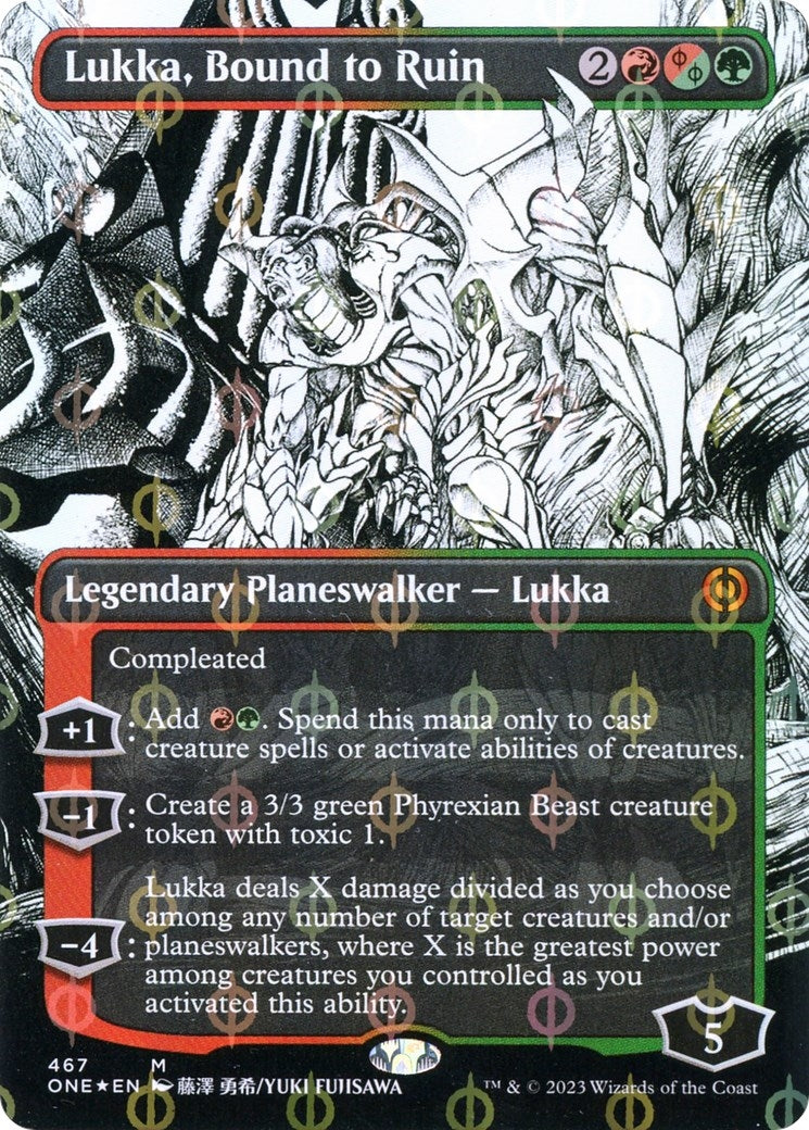 Lukka, Bound to Ruin (Borderless) (Step-And-Compleat Foil) (467) (Phyrexia: All Will Be One)