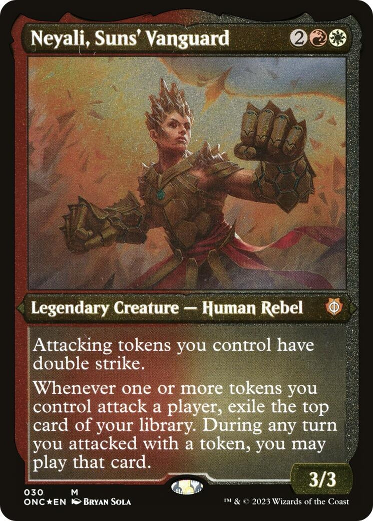 Neyali, Suns' Vanguard (Display Commander) (Foil Etched) - Thick Stock (30) (Commander: Phyrexia: All Will Be One)