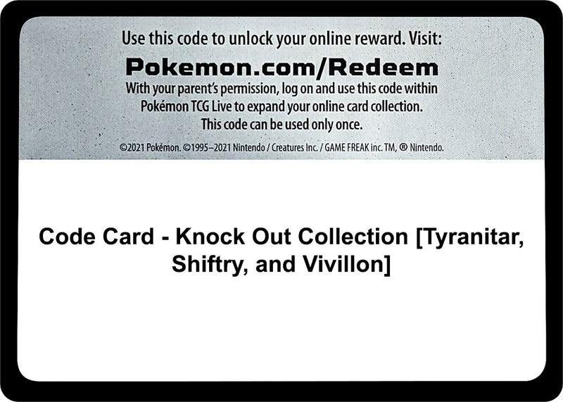 Image for Code Card - Knock Out Collection [Tyranitar, Shiftry, and Vivillon] (Miscellaneous Cards & Products) - Pokemon