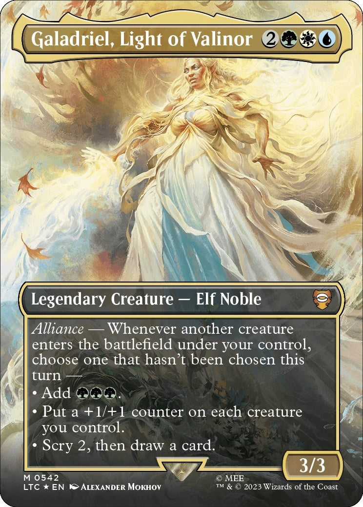Galadriel, Light of Valinor (Borderless) (Surge Foil) (542) (Commander: The Lord of the Rings: Tales of Middle-earth)