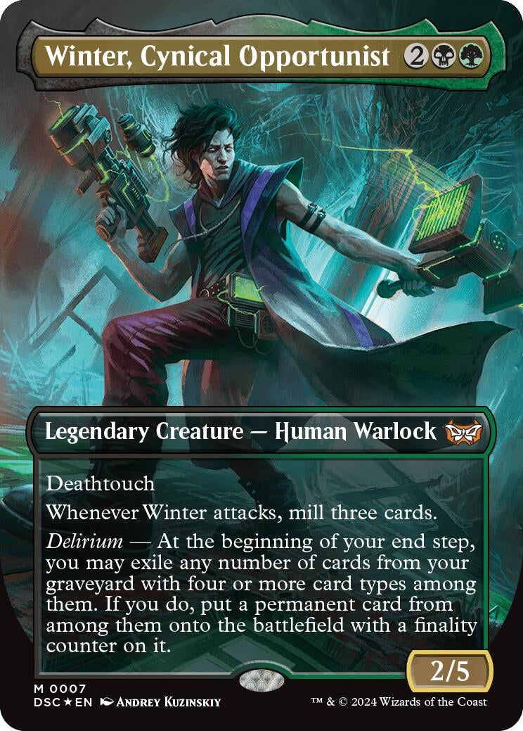 Winter, Cynical Opportunist (Borderless) (7) (Commander: Duskmourn: House of Horror)