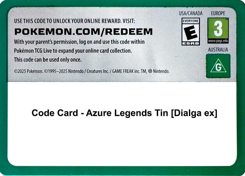 Code Card - Azure Legends Tin [Dialga ex] (Miscellaneous Cards & Products)