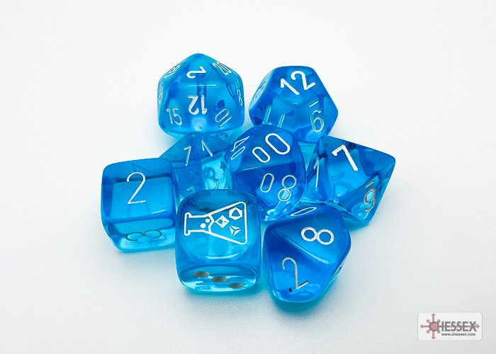 Translucent Tropical Blue/white Polyhedral 7-Dice Set
