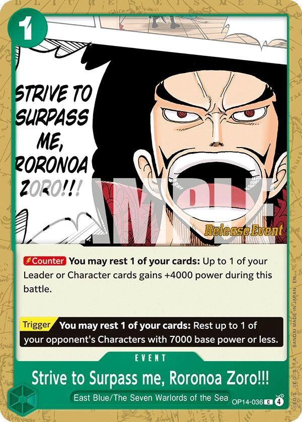 Image for Strive to Surpass me, Roronoa Zoro!!! (OP14-036) (The Azure Sea's Seven Release Event Cards) (OP14 RE) - One Piece Card Game