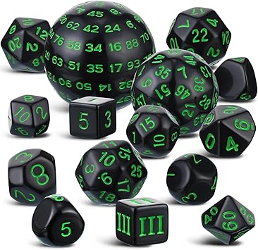 15 Piece Polyhedral Dice Set D3 - D100 (Black and Green)